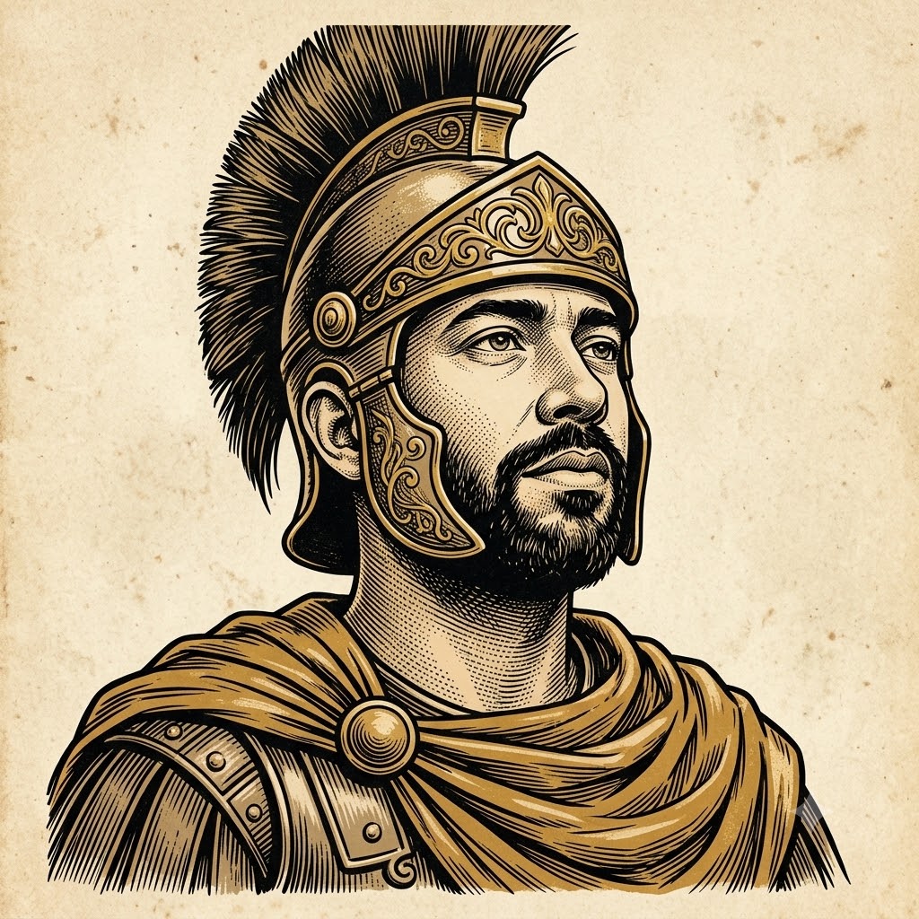 Engraved portrait of Gustavo Morales as a Roman commander in a plumed helmet